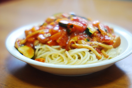 Nameko and zucchini Tomato sauce Pasta.